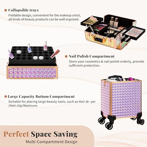 Rolling Makeup Train Case with Keys | Large Cosmetic Trolley Organizer
