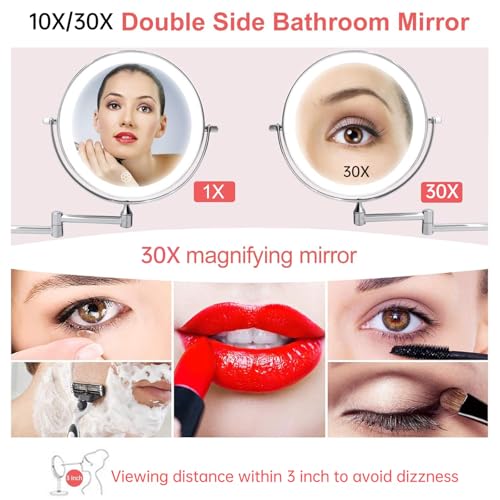 FUNTOUCH 5000mAh Rechargeable Wall Mount Makeup Mirror 1X/30X Magnifying