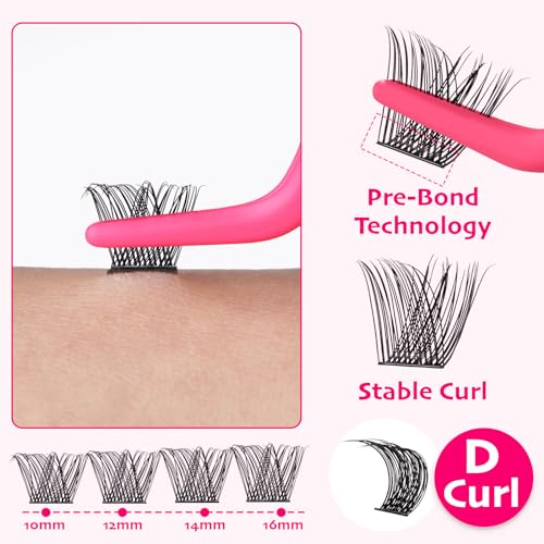 Self Adhesive Eyelashes - Lash Clusters Kit With Tweezers,False Eyelashes,10-16MM Lashes Clusters D Curl,Lash Extension Kit,Lash Case With Mirror,Eyelash Clusters,Full & Dramatic Look