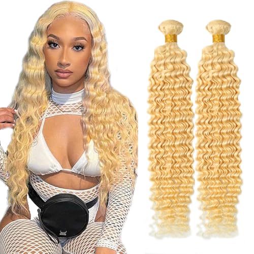 AuokMar Blonde Deep Wave Hair Bundles 32 Inch 613 Virgin Human Hair - 2 Pack