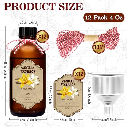 12 Pack 4oz Amber Glass Vanilla Extract Bottles with Lids