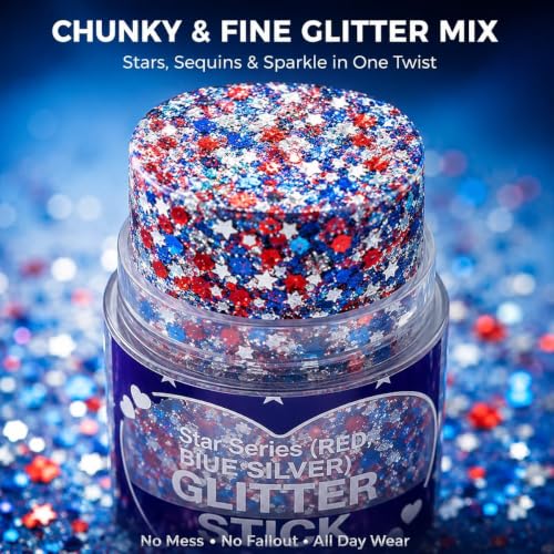 Red, White & Blue Glitter Sticks - 4th of July Face & Body Makeup (2-Pack)
