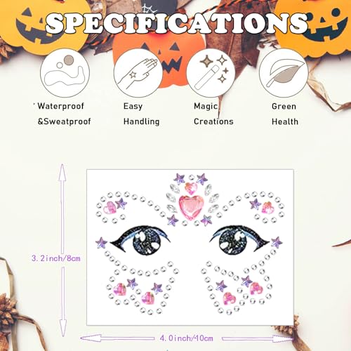 Kids Festival Face Jewels Gems ? 4 Pack Sparkly Face Stickers & Crystal Temporary Tattoos ? Fun Rhinestone Makeup for Girls for Halloween, Birthday, Christmas & Dress-Up Play