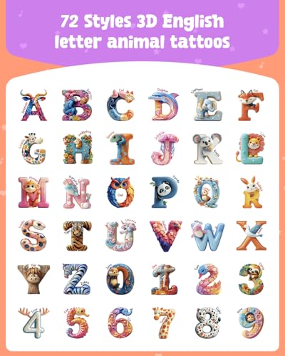 72 Pcs Temporary Tattoos - Animal & ABC Designs