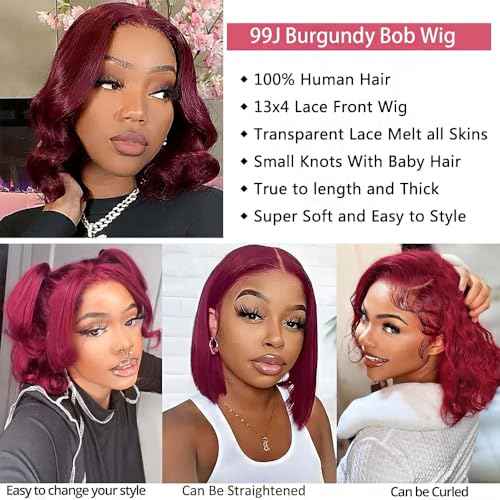 Burgundy Lace Front Wigs Human Hair Bob Wig Human Hair 99J 13x4 Body Wave Lace Front Wig Pre Plucked Short Body Wave Bob Wig 200% Density Wine Red Wigs Human Hair for Women 14 Inch