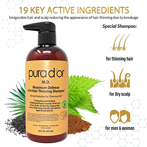 PURA D'OR MD Anti-Hair Thinning Shampoo w/ 0.5% Coal Tar, Biotin Shampoo (16oz) 19+ DHT Herbal Blend for Dry & Itchy Scalp, No Sulfates, For Men & Women (Packaging Varies)