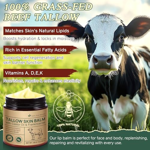 Beef Tallow for Skin & Face Cream with Castor Oil and Frankincense, Natural 100% Grass Fed, Whipped Beef Tallow Balm Deeply Moisturizing for Face & Body Care, 4.2 oz