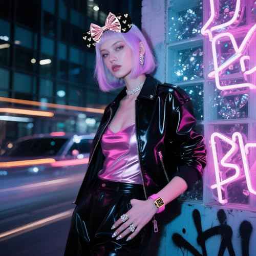 Black Velvet Mouse Ears Headband, Metallic Pink Bow & Crystal Accents for Nightlife & Theme Parks