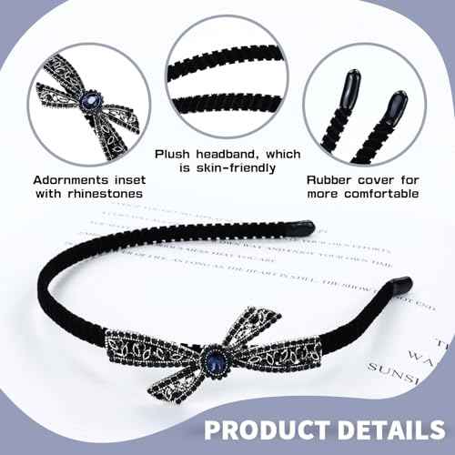 Lawie 8 Pack Rhinestone Flower Butterfly Bowknot Crown Rhinestone Jeweled Sparkly Black Metal Headbands Velvet Covered Thin Hair Bands with Teeth Non Slip Hair Clasp Holder Accessories for Women Girls