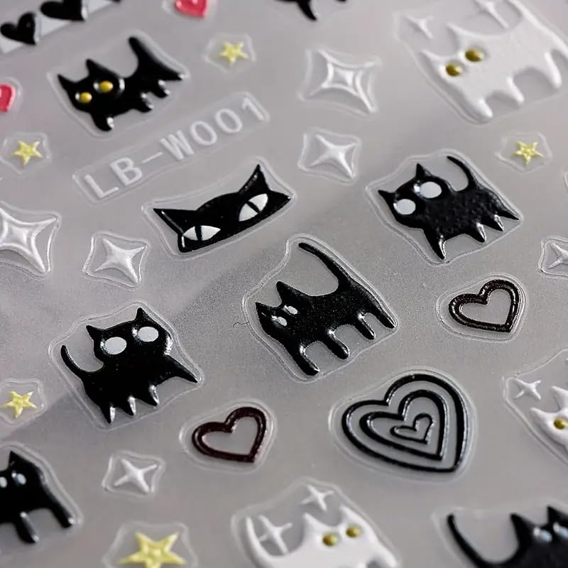 Cute Nail Art Stickers Cute Cat Self-Adhesive DIY Nail Decals Black White Cat Nail Stickers for Nail Art Kawaii Cat Nail Art Decals Heart Nail Art Design Decoration for Women Nail Decorations 2PCS