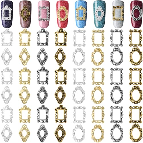 Pndeyo 48pcs 3D Metal Nail Charms, Frame Gothic Nail Art Charms, Retro Gold Silver Nail Jewels Art Decoration for Women Girls Acrylic Nail DIY Craft Design Manicure Accessories