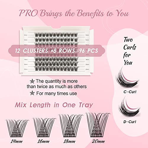 Lash Clusters, 96 Pcs Individual Cluster Lashes DIY Lash Extension Eyelash Clusters Volume Wispy Lashes Super Thin Band Reusable Soft & Comfortable(Natural-C-14-20 mix)