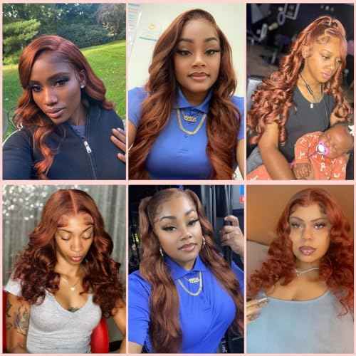 180% Density Reddish Brown 13x6 Lace Front Wigs Human Hair Pre Plucked 13x6 HD Transparent Body Wave Lace Front Wigs For Women Ginger #33 Colored Brazilian Virgin Hair Glueless Wigs Human Hair 24Inch
