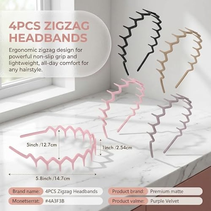4-Pack Zig Zag Headbands for Women & Men - Non-Slip Retro Hair Accessories