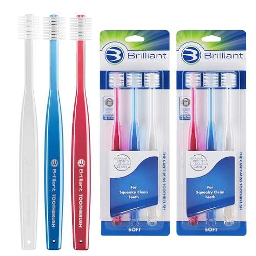 Brilliant Oral Care Adult Toothbrush with Soft Bristles, Round Head, and All-Around Clean for Teeth and Gums, Assorted Colors, 6 Pack