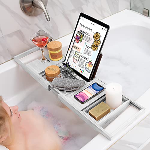 Homemaid Living Luxury Bamboo Bath Tray for Bathtub - Expandable Bathroom Caddy with Reading Rack or Tablet Holder, Premium Bath Tray with Wine Glass Holder, Fits All Bathtubs (White)