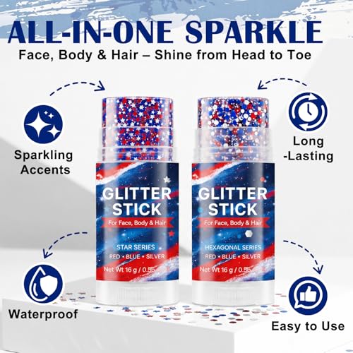 Patriotic Glitter Stick 2-Pack, Waterproof Star Sparkle Gel