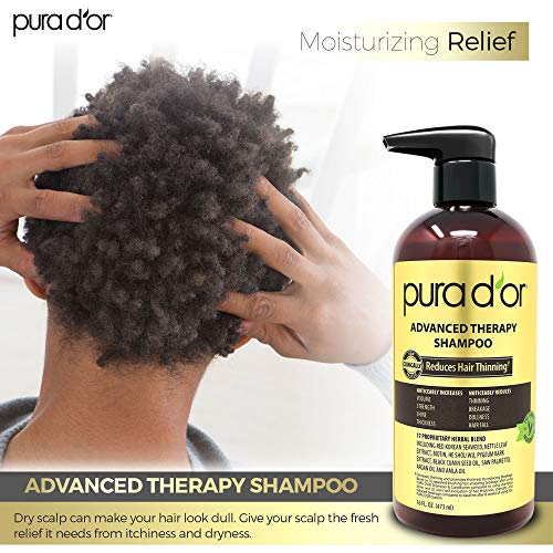 PURA D'OR Advanced Therapy Shampoo (16oz) Reduces Hair Thinning & Increases Volume, No Sulfate, Biotin Shampoo Infused with Argan Oil, Aloe Vera for All Hair Types, Men & Women (Packaging May Vary)