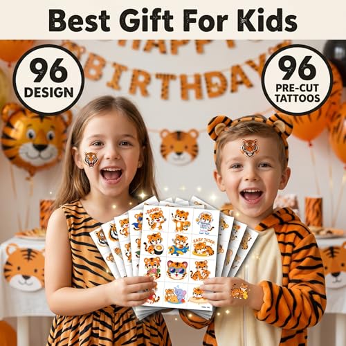 96 Tiger Temporary Tattoos for Kids | Jungle Party Favors