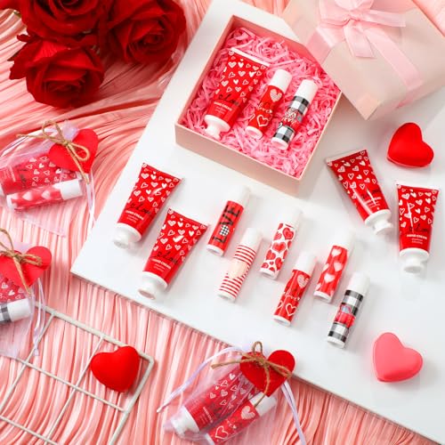 144 Pcs Valentine's Day Lip Balm Hand Cream Set Party Favors, Include 36 Red Valentine Lip Balm 36 Moisturizing Hand Cream 36 Bags 36 Love Cards and Ropes for Women Accessories Gifts