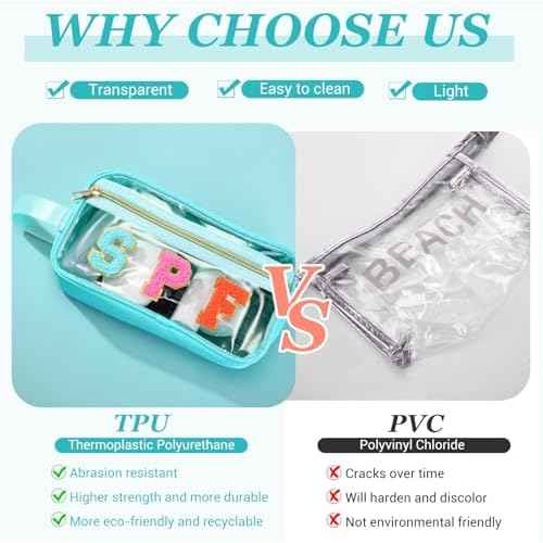 Pinkunn Chenille Letter Bag Clear Makeup Pouch Cute Preppy Letter Patch Cosmetic Bag with Zipper Nylon Waterproof Portable Travel Purse Toiletry Organizer for Appreciation Gift(Teal,Spf)