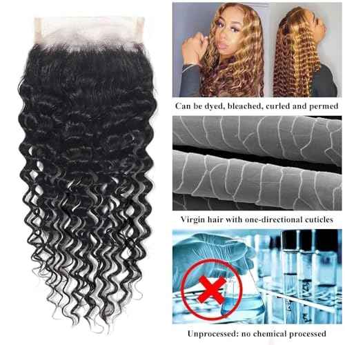 4x4 HD Lace Closure Human Hair Deep Wave Closure Free Part 20 Inch 100% Unprocessed Brazilian Virgin Human Hair Extensions Pre Plucked 150% Density Natural Black