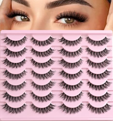 QUNETY Wispy Cat Eye Fake Eyelashes - 14 Pairs of Faux Mink