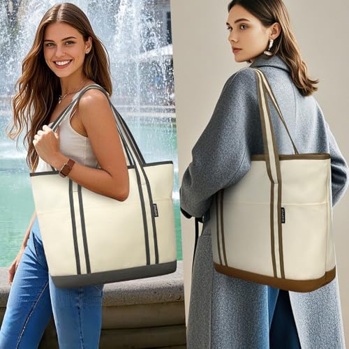 Large Canvas Tote Bag with Zipper & 3 Pockets