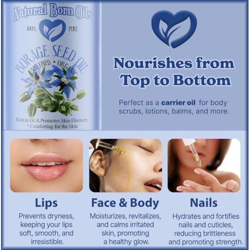 Natural Born Oils Borage Seed Oil, 8oz, Organic, Cold-Pressed, Carrier Oil, Omega-6 Rich, Skin Moisturizer, Hair Health Enhancer