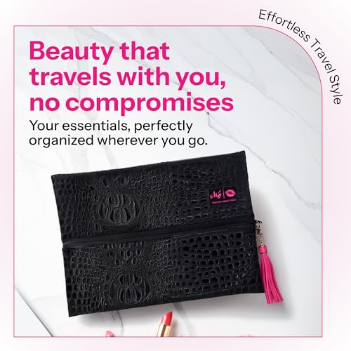 Makeup Junkie Large Makeup Bag - Bubble Gator Onyx - Patented Lay Flat Travel Toiletry Bag for Women - 9.5" x 13" Handmade USA Professional Cosmetic Case