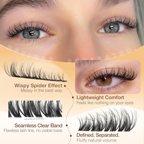 Yawamica Spider Lash Clusters DIY Eyelash Extensions 10-16mm (Spider Glam-10-16mm) DD Curl, Clear Band