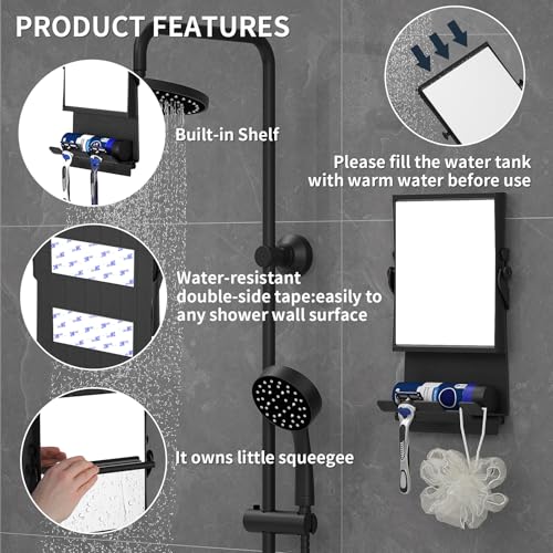 Shower Mirror fogless for Shaving - Dual-Sided 1X/3X Magnification, Anti-Fog Bathroom Mirror with Squeegee, Rust-Proof, Black