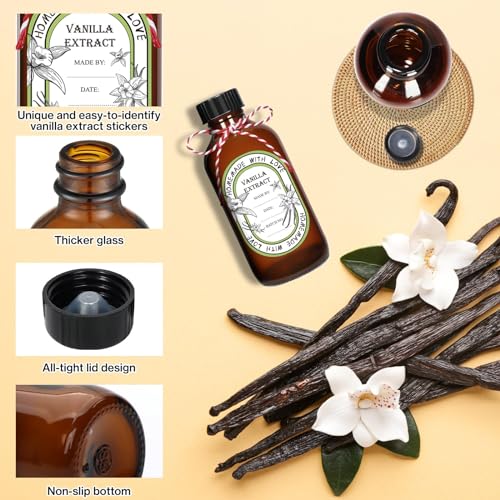 12 Pack 2 oz Vanilla Extract Bottles with Black Poly Cone Caps and 12 Pcs Vanilla Extract Stickers, 60ml Boston Round Sample Bottles for Homemade Vanilla Extract, Essential Oils, Herbal Medicine (2oz)
