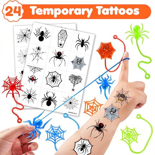 48 PC Spider Web Party Favors - Sticky Hands & Tattoos