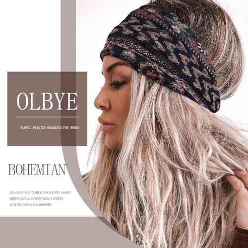 Olbye Wide Boho Headbands Floral Stretch Head Wraps Bohemian African Turban Hairbands Knotted Bandana Headband Yoga Running Head Scarfs Workout Hair Accessories for Women 4Pcs (Boho, 9.4 * 5.9'')