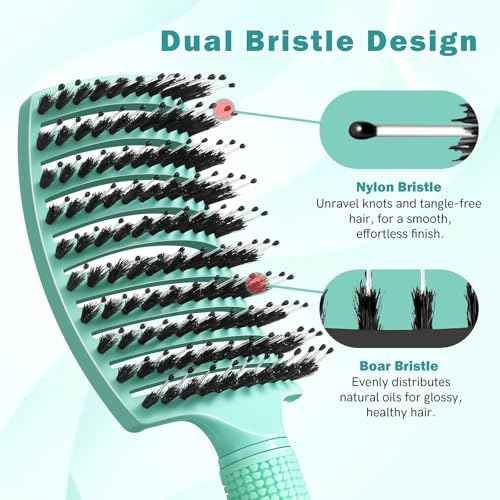 Curved Detangler Brush for Women Kid Men, 2 Pack Boar Bristle Vented Hair Brush Set with Clips for Fine Thick Hair Smoothing, Detangling, Faster Blow Drying