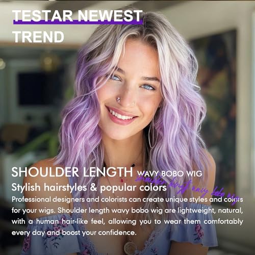 Medium Length Purple Bob Wig for Women - 20 Inch Lavender Wavy Hair