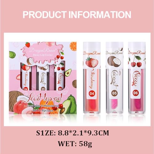 Color Changing Lip Oil - Fruit Lip Oil Pack, 3pcs Magic Color-Changing Lip Glow Oil, Hydrating Lip Gloss for Dry Lip Care Makeup