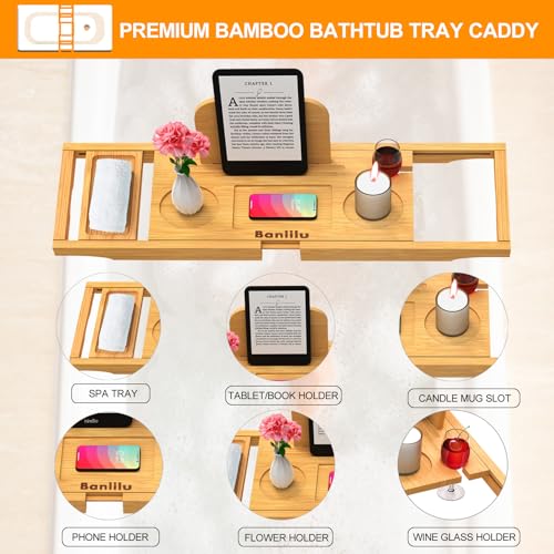 Bamboo Bathtub Tray Caddy - Expandable, Non-Slip