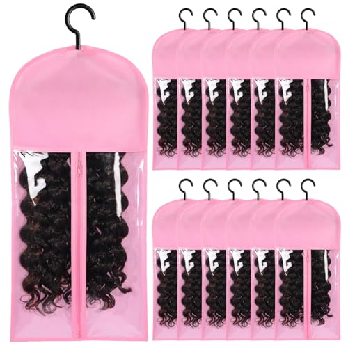 12PCS Pink Wig Storage Bags with Hangers for Wigs & Extensions - Dustproof & Waterproof