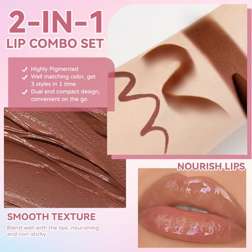 Noerrors 3-Piece Lip Combo Set with Liner & Gloss, Nude Brown & Pink