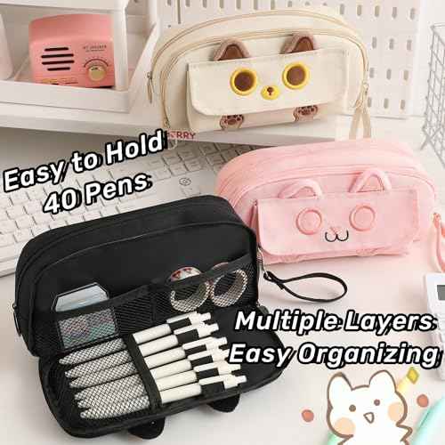 Kitty Cat Pencil/Pen Pouch 4-Layers Extra Capacity Cosmetic Organizer Pen Brush Holder Mesh Pockets (4 Layers - Black)