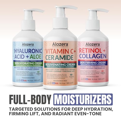 Alozera Vitamin C Ceramide Moisturizer Cream, Rejuvenating Face & Body Lotion with Plant Stem Cell, Helps Brighten and Even Skin Tone, Non-Greasy, Lightweight, Fragrance-Free, 16.9 oz