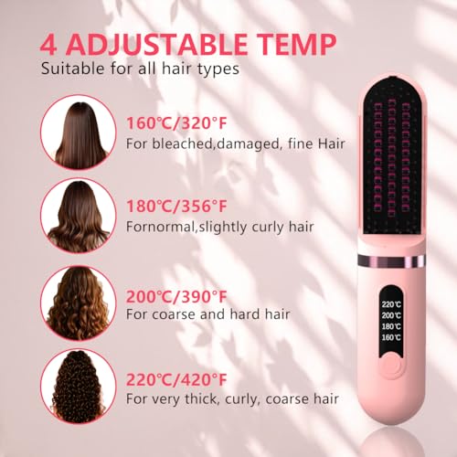 Cordless Hair Straightener Brush, Portable Mini Ionic Hot Comb, USB Rechargeable