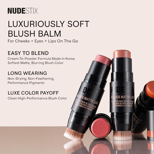 Nudestix Nudies Matte Lux ? 3-in-1 Soft-Matte Blush Stick for Cheeks, Eyes & Lips with Built-In Brush | Cream-to-Powder Finish with Blurring Effect | Clean, Vegan, Travel-Friendly Makeup