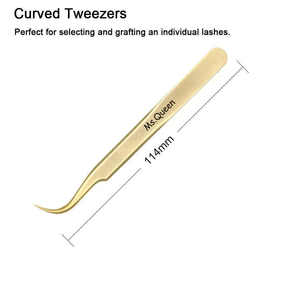 Ms.Queen Eyelash Extension Tweezers-Precision Tweezers for 2D-6D Volume&Individual False Lashes Extensions-Golden-Curved Tweezers
