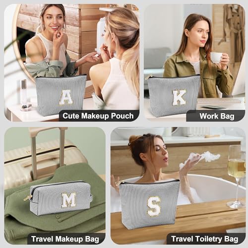 YOOLIFE Initial Makeup Bag - Personalized Monogrammed Travel Toiletry Bag, Perfect for Teens, Weddings, and Preppy Styles - Black