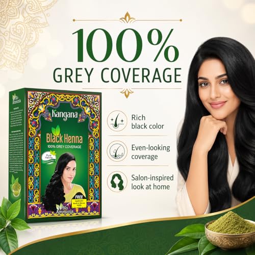 Kangana Black Henna Hair Dye - 100% Grey Coverage, 6 Pouches