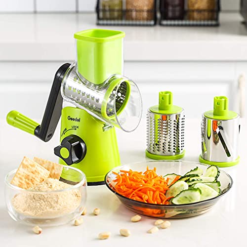 Geedel Rotary Cheese Grater, Kitchen Mandoline Vegetable Slicer with 3 Interchangeable Blades, Easy to Clean Rotary Grater Slicer for Fruit, Vegetables, Nuts