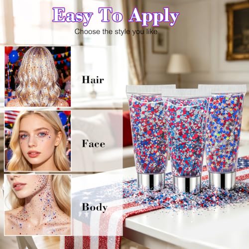 3-Pack Patriotic Body Glitter Stick, Red White Blue Self-Adhesive Makeup
